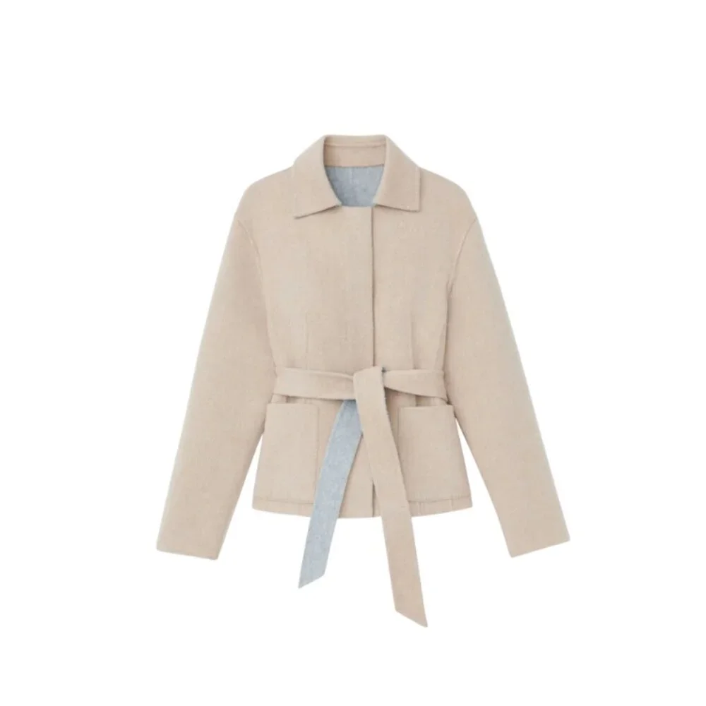 Lafayette 148 Wool Cashmere Reversible Jacket Womens Large Gray Tan Belted Coat